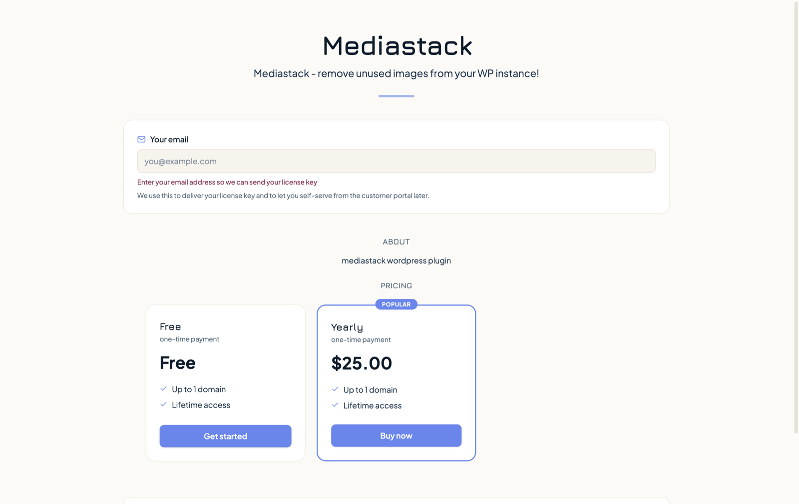 A Licensr buy page showing the email field with a hint and two plans
