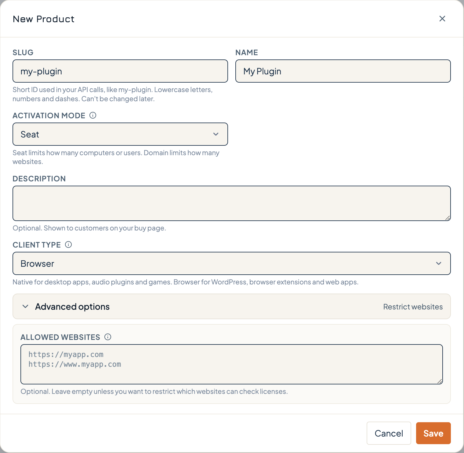 The New product form with Advanced options open